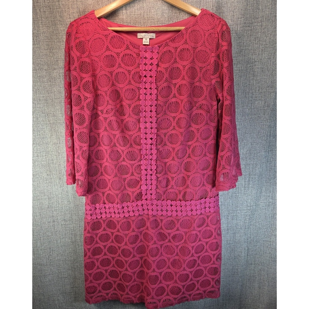 London Times Women's Pink Lace 3/4 Sleeve Retro Sheath Dress Size 10 Hippie